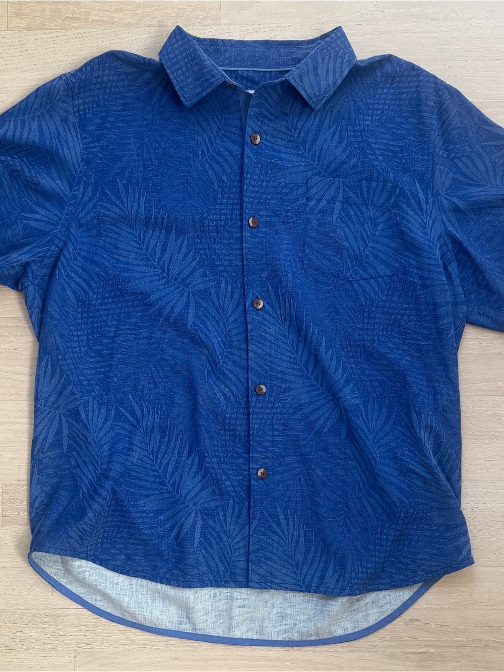 Tommy Bahama Navy Blue Palm-Print Short Sleeve Button-Down